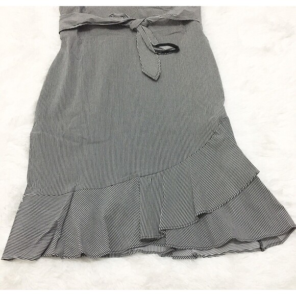 Rachel Roy Dress Navy Blue Striped Faux-Wrap Size 12 Ruffle Waist Tie Sleeveles - Picture 6 of 9